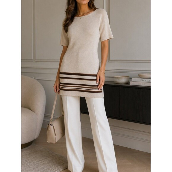 Jones New York Tops - Linen Blend S Oversized Tunic Top S/S Neutral Cream Brown Coastal Resortwear